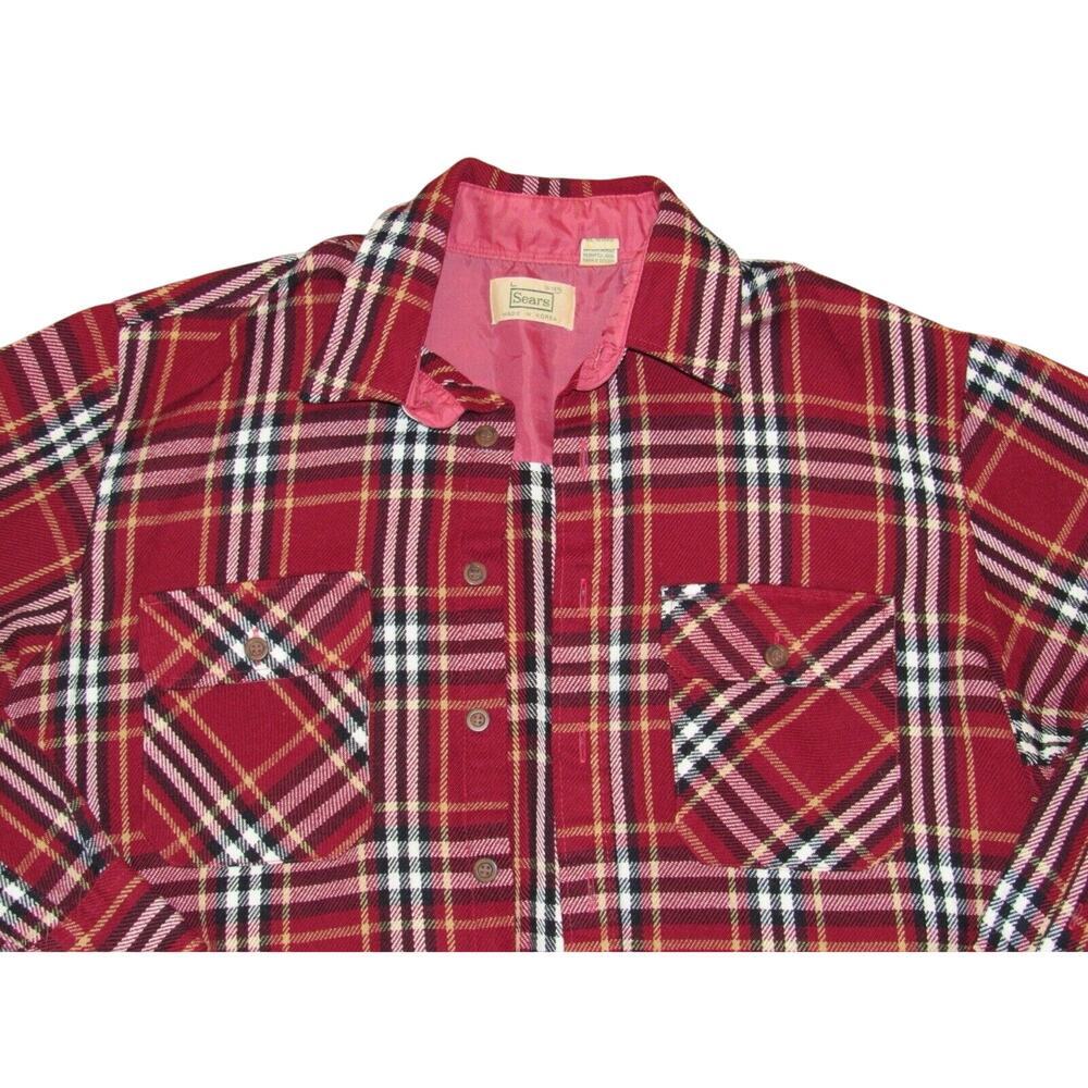 Vintage Sears Red‎ Plaid Flannel Lightweight Button Shirt Large 16-16 1/2